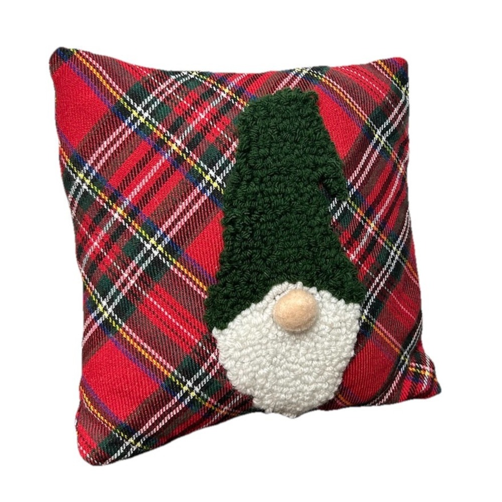 Mud Pie Home Stewart Tartan Plaid Christmas Gnome Accent Pillow Red Green 7.5"